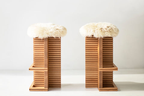 Cicely Bar Stools in White Oak and Sheepskin Image 01