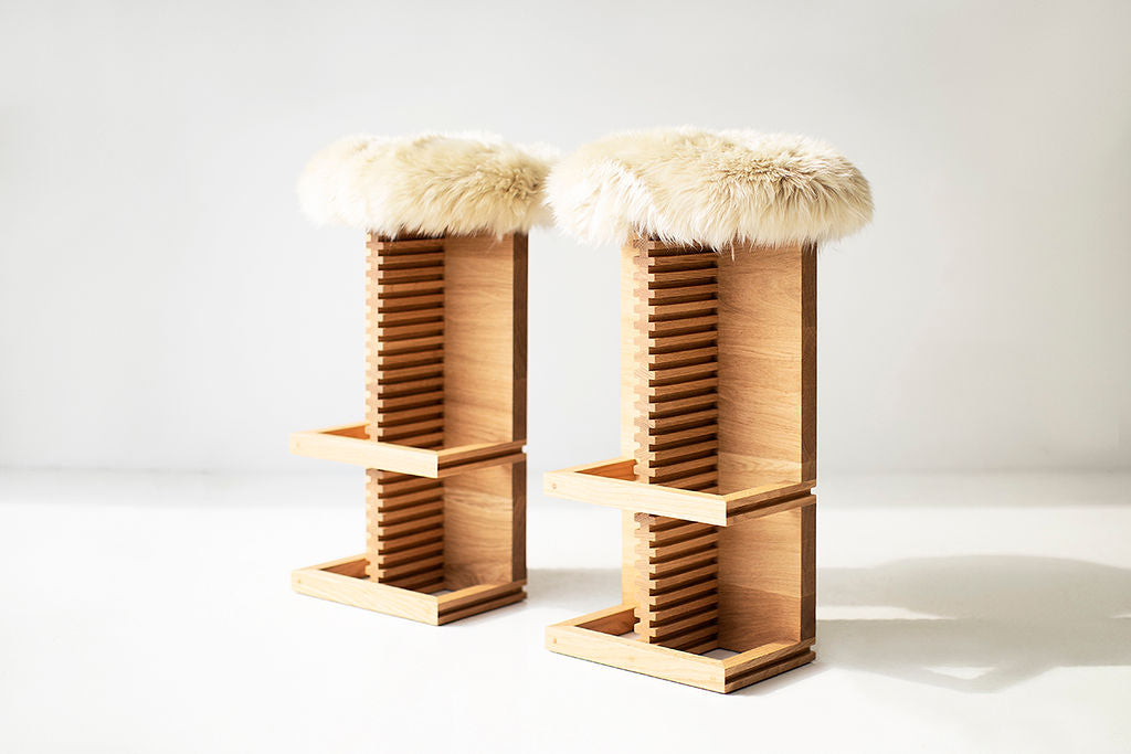 Cicely Bar Stools in White Oak and Sheepskin Image 03