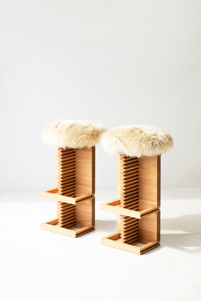 Cicely Bar Stools in White Oak and Sheepskin Image 10